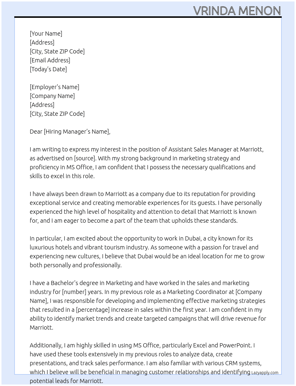Cover letter for assistant sales manager - LazyApply