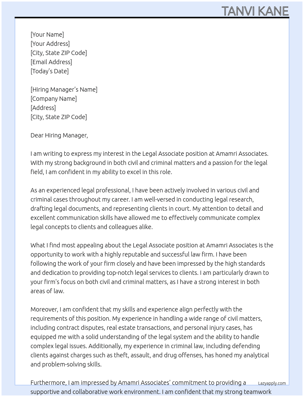 Legal Associate At Amamri Associates Cover Letter