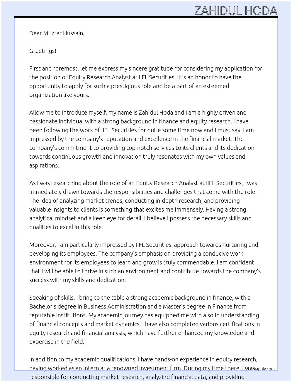 Equity Research Analyst  At IIFL Securities  Cover Letter