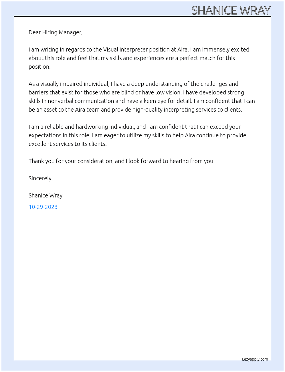Visual Interpreter At Aira Cover Letter