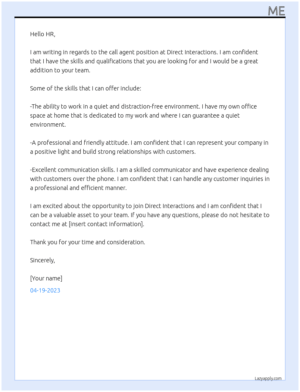 call agent At Direct Interactions Cover Letter