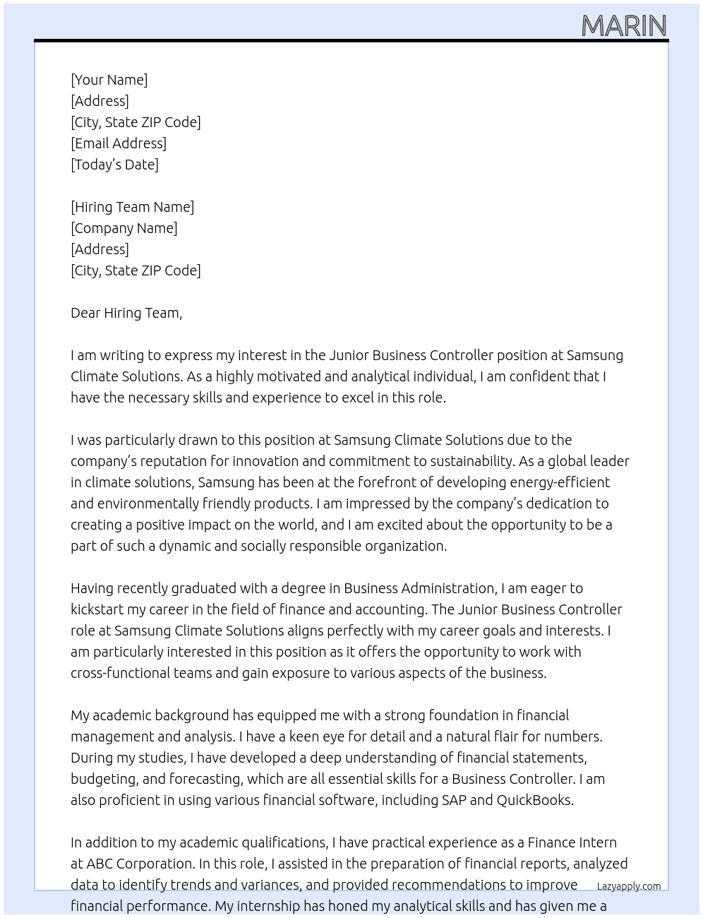 JUNIOR BUSINESS CONTROLLER At Samsung Climate Solutions Cover Letter
