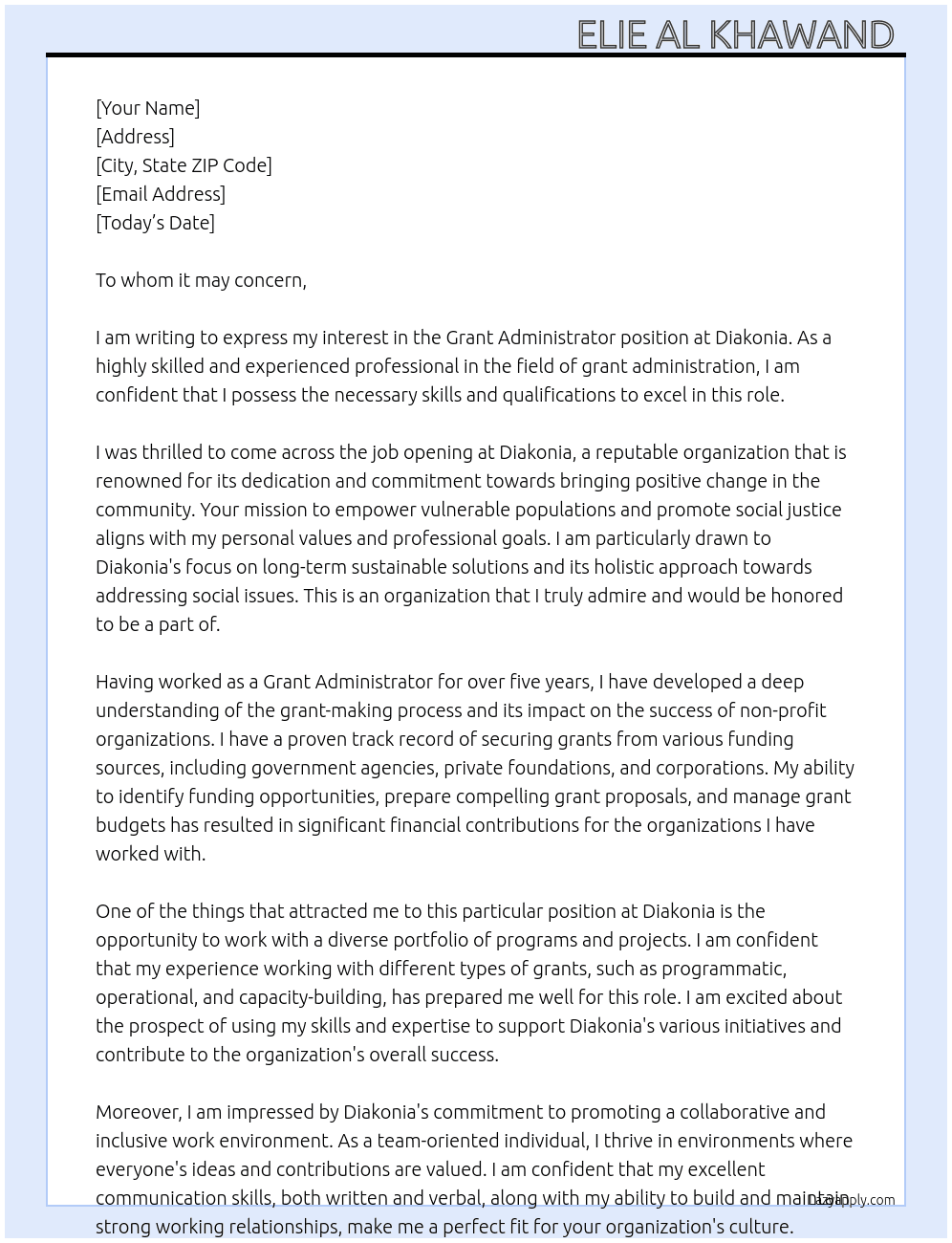 Grant administrator  At Diakonia Cover Letter