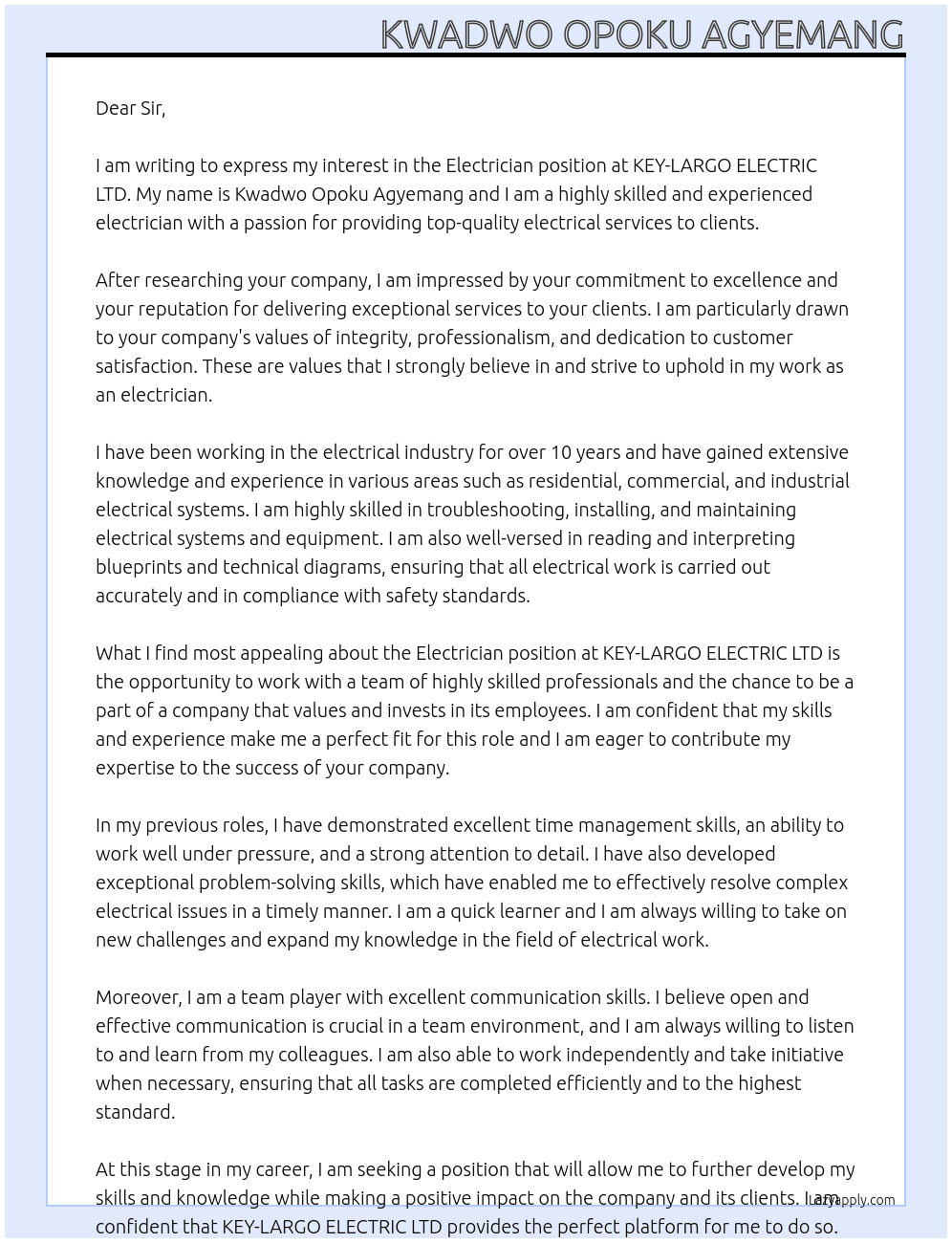 Electrician At KEY - LARGO ELECTRIC LTD Cover Letter