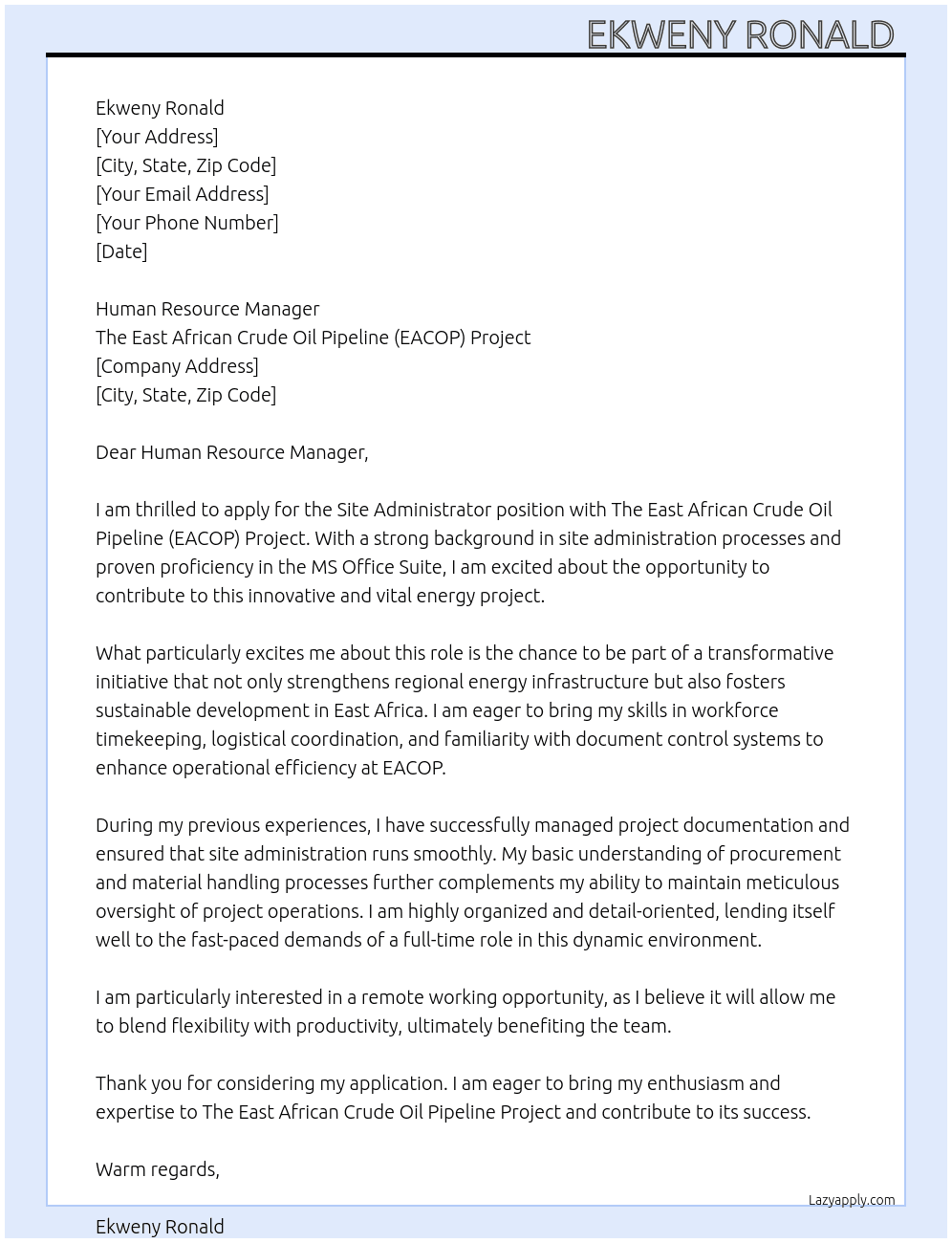 Site administrator  At The East African Crude Oil Pipeline (EACOP) Project. Cover Letter