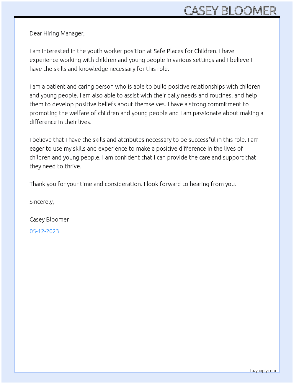 Youth Worker At Safe Places for Children Cover Letter