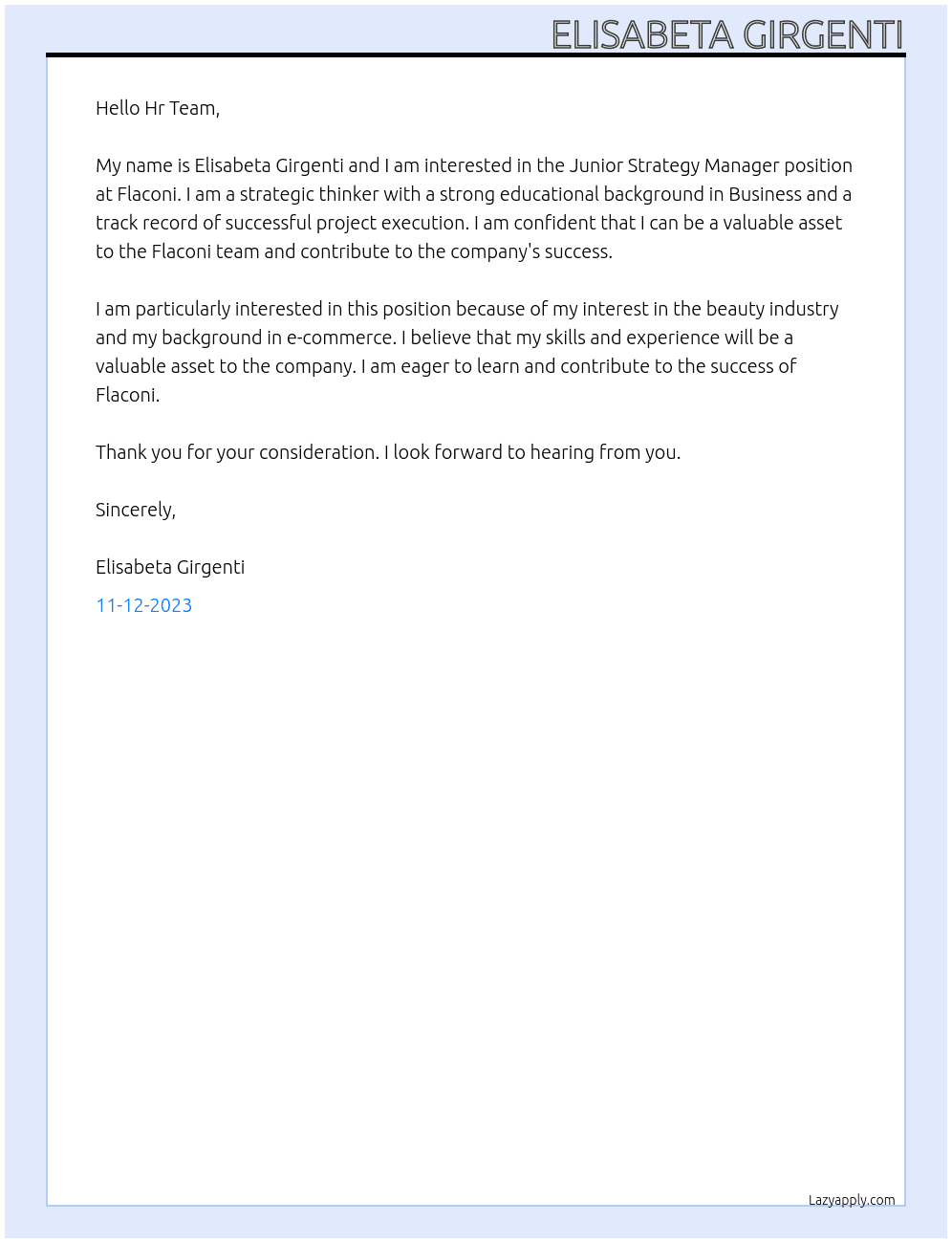 Junior Strategy Manager At Flaconi  Cover Letter