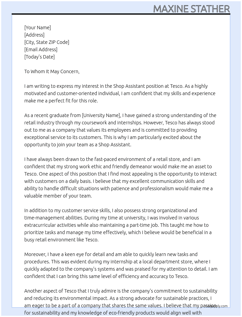 Shop assistant At Tesco Cover Letter