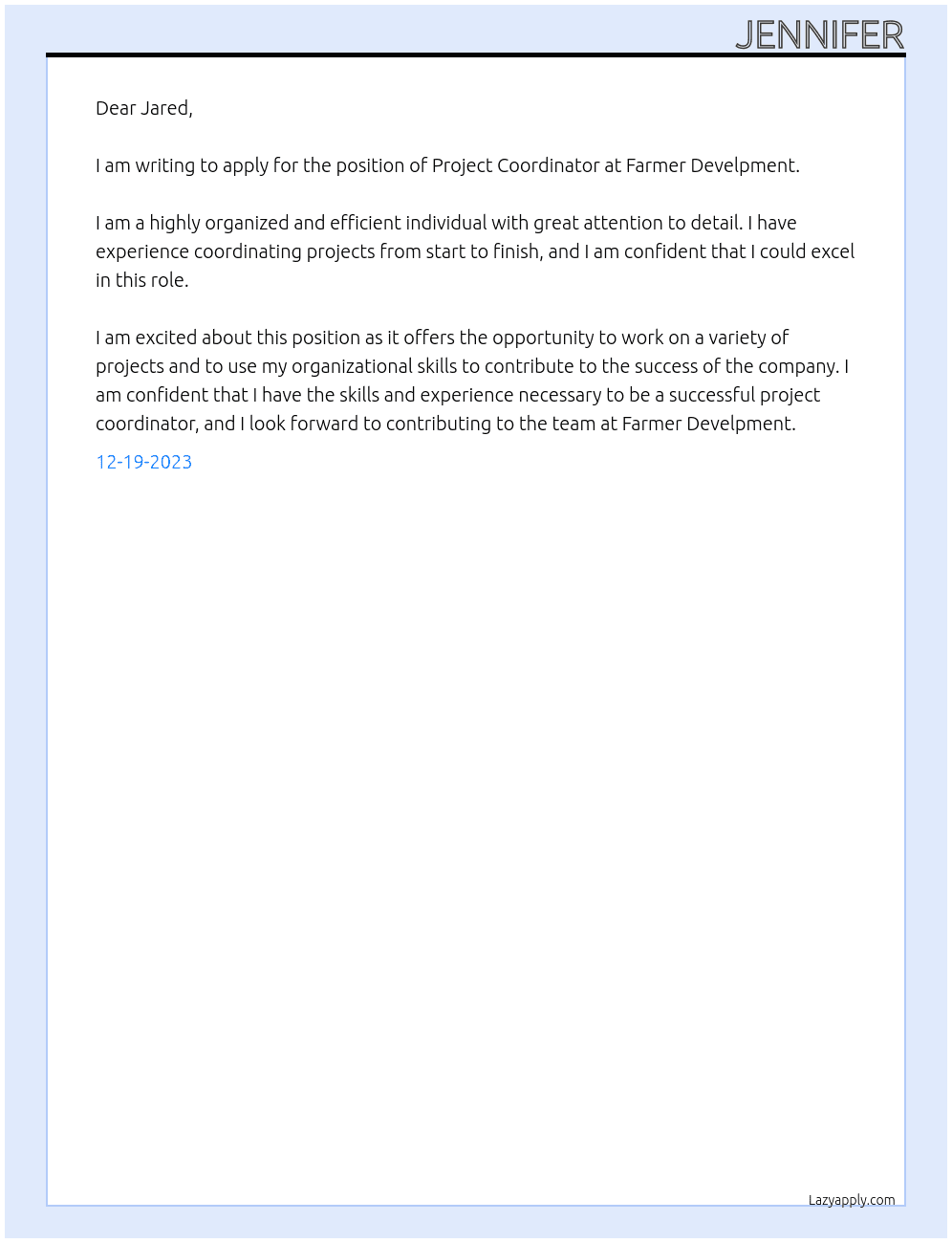 Project coordinator At Farmer Develpment  Cover Letter