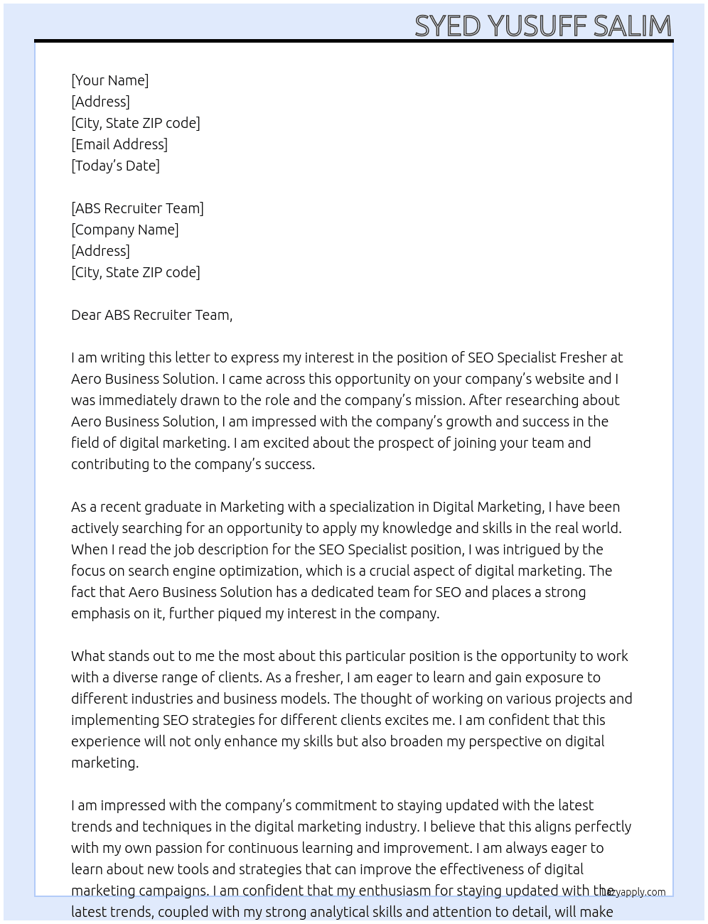 SEO Specialist Fresher At Aero Business Solution Cover Letter