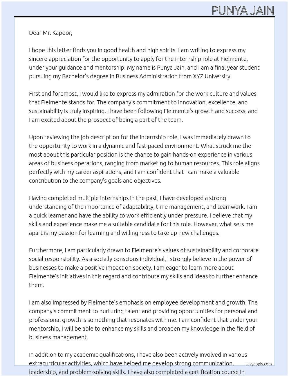 Intern At Fielmente Cover Letter