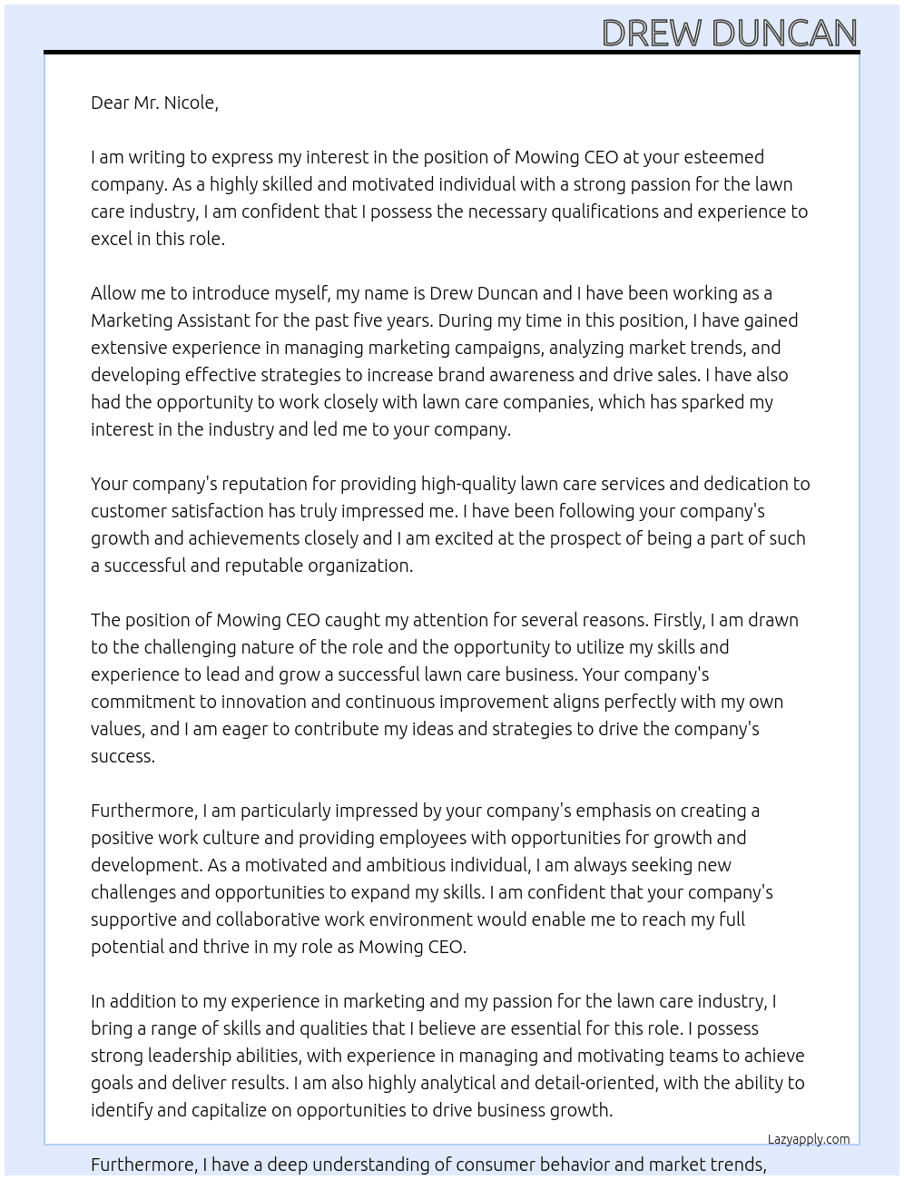 Mowing CEO At Marketing assistant Cover Letter