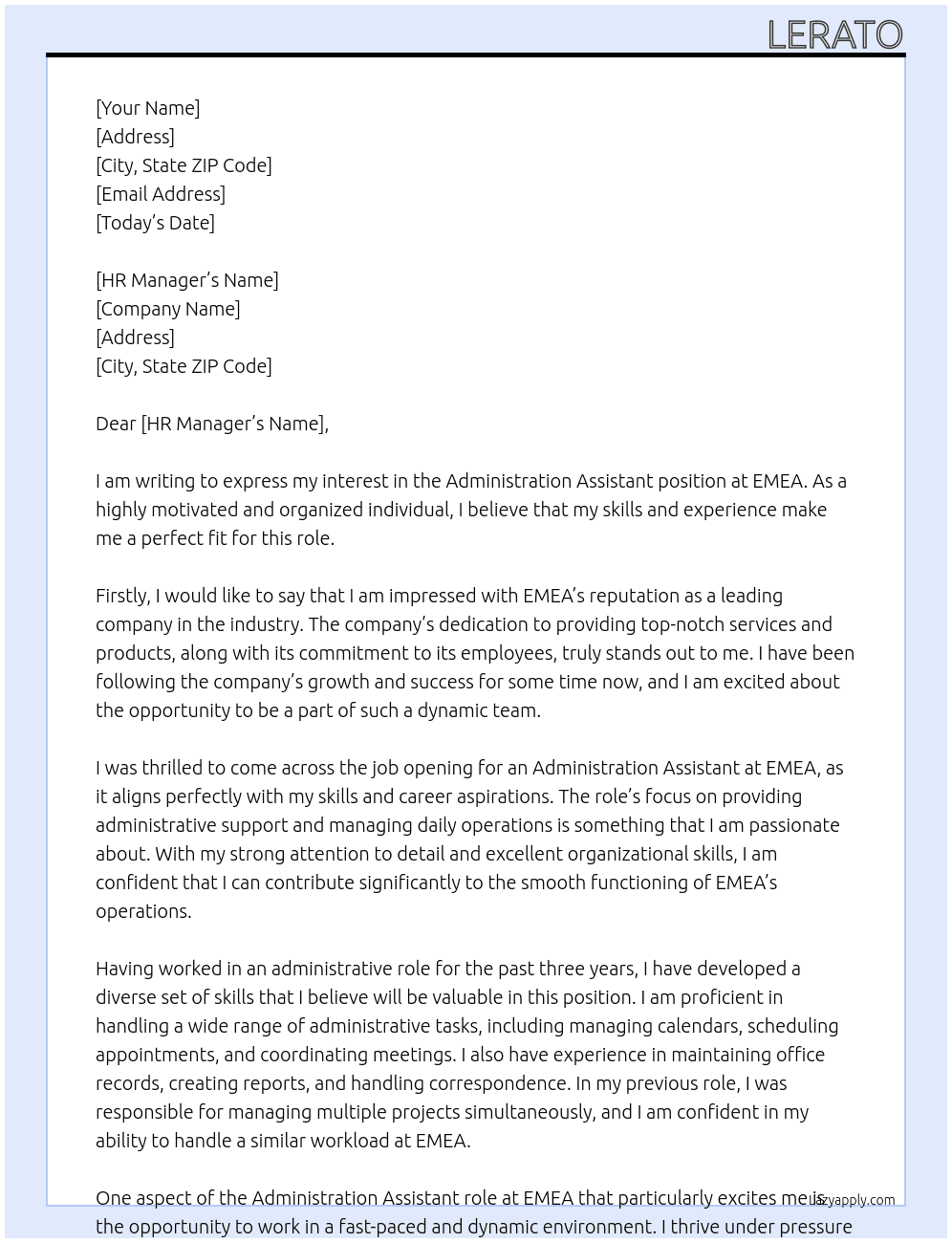 Administration assistant At EMEA Cover Letter