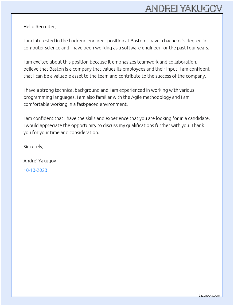 Backend Engineer At Baston Cover Letter