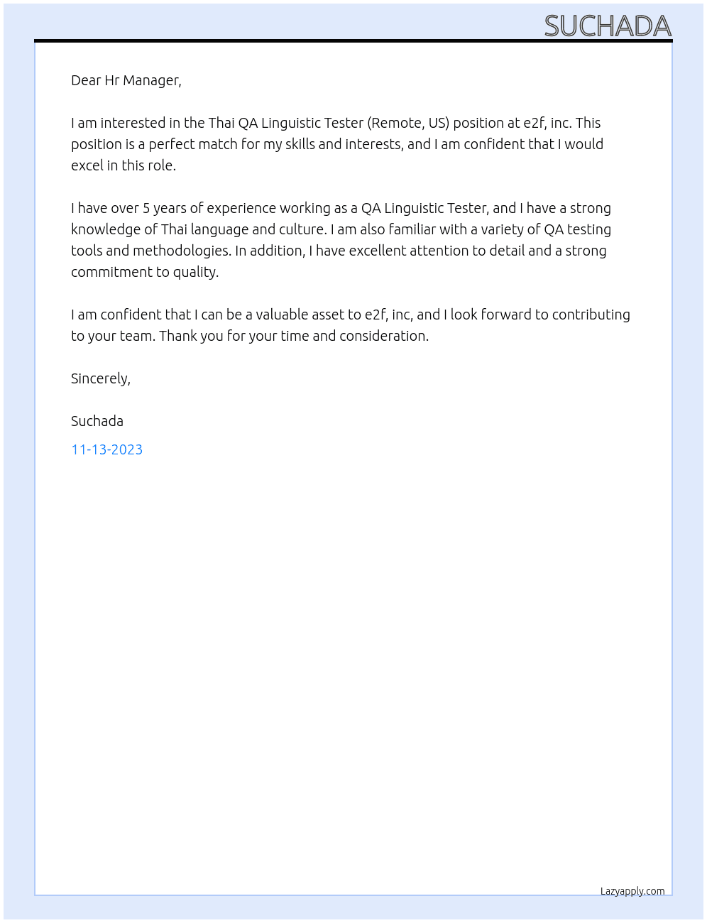 Thai QA Linguistic Tester (Remote, US) At e2f, inc Cover Letter