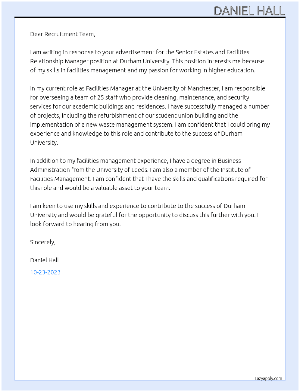  Senior Estates and Facilities Relationship Manager At Durham University Cover Letter