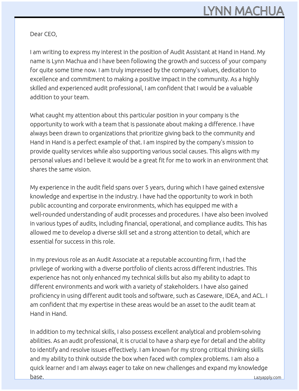 Audit assistant  At Hand in hand  Cover Letter