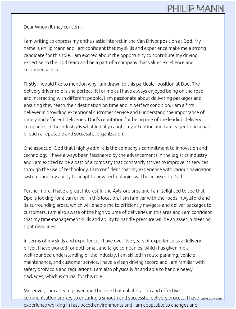 Van driver At Dpd Cover Letter