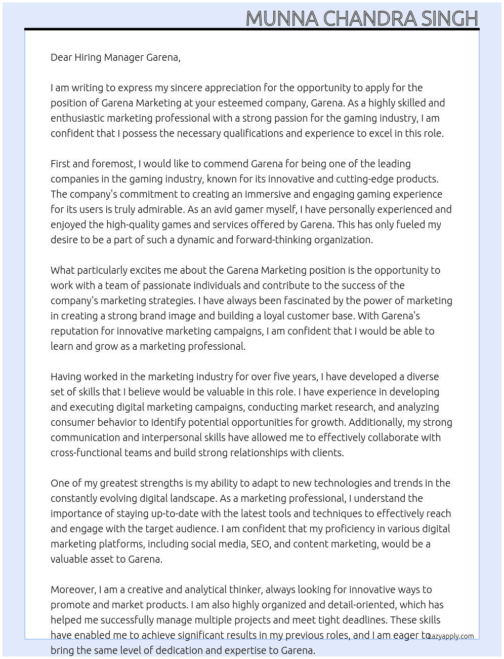 Cover letter for garena marketing - LazyApply