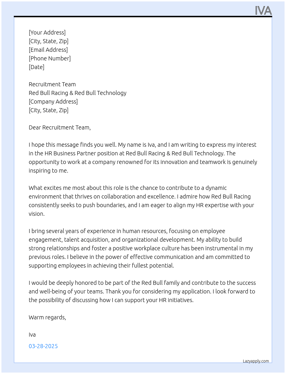 HR Business Partner At Red Bull Racing & Red Bull Technology Cover Letter