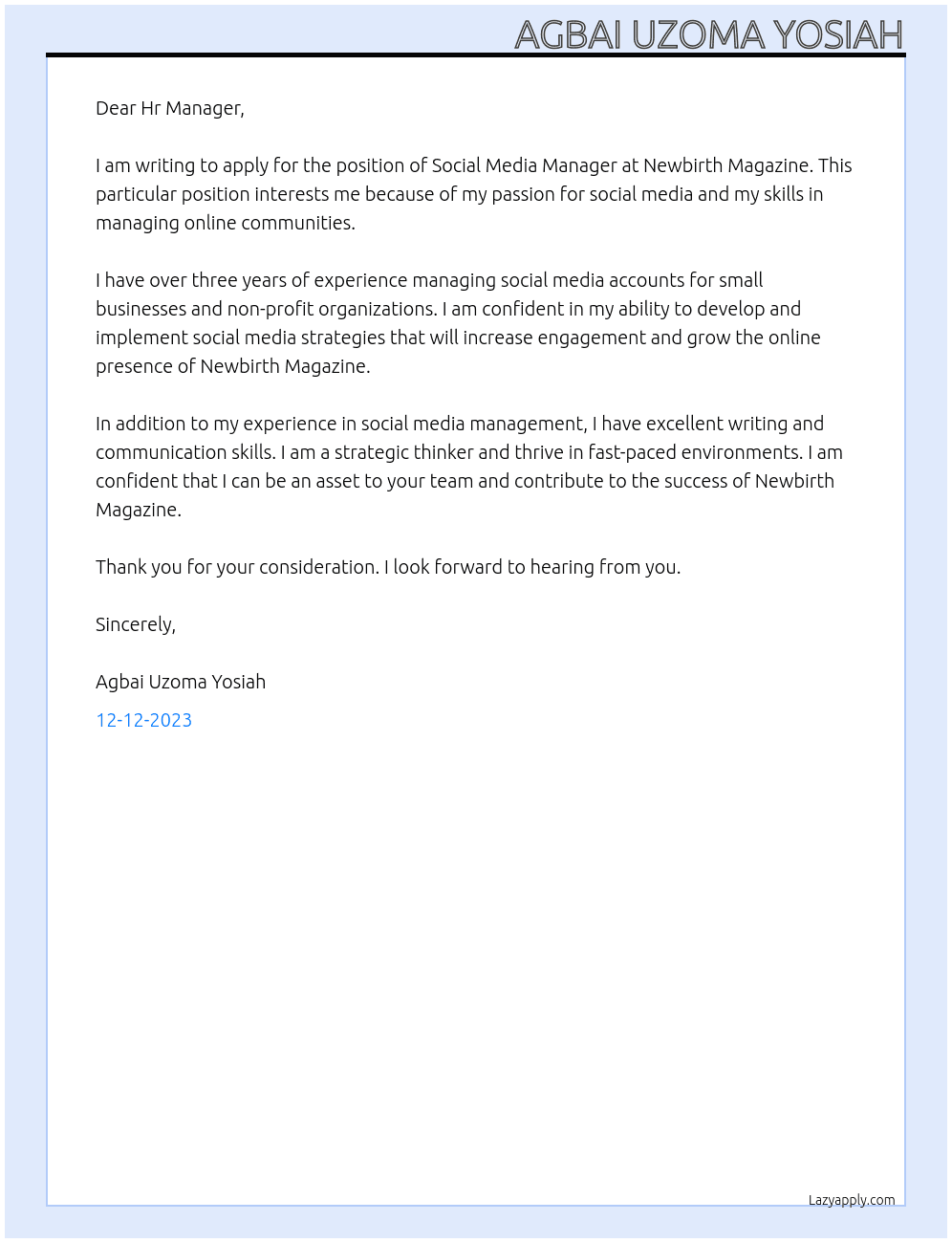Social Media Manager At Newbirth Magazine Cover Letter