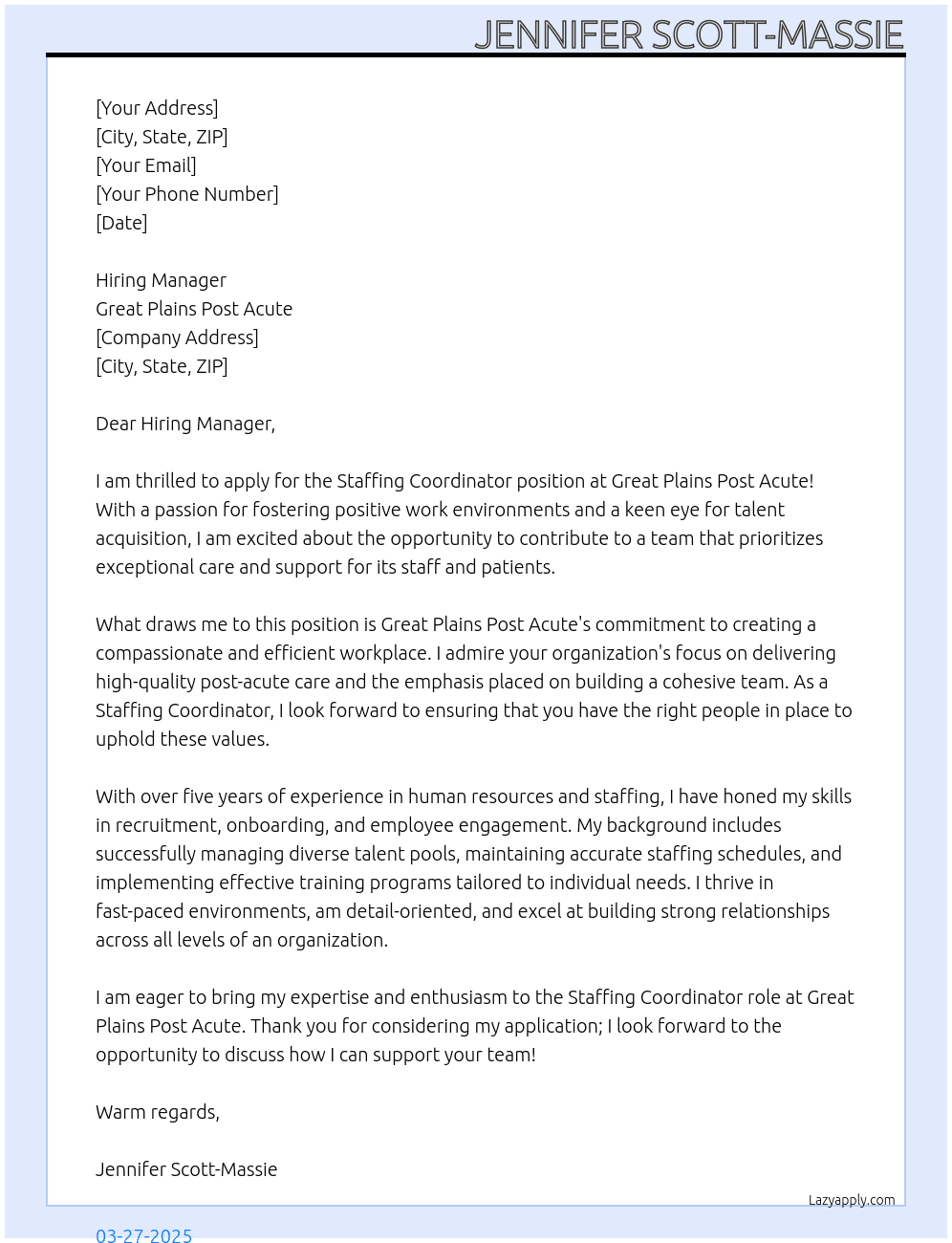 Staffing Coordinator At Great Plains Post Acute Cover Letter