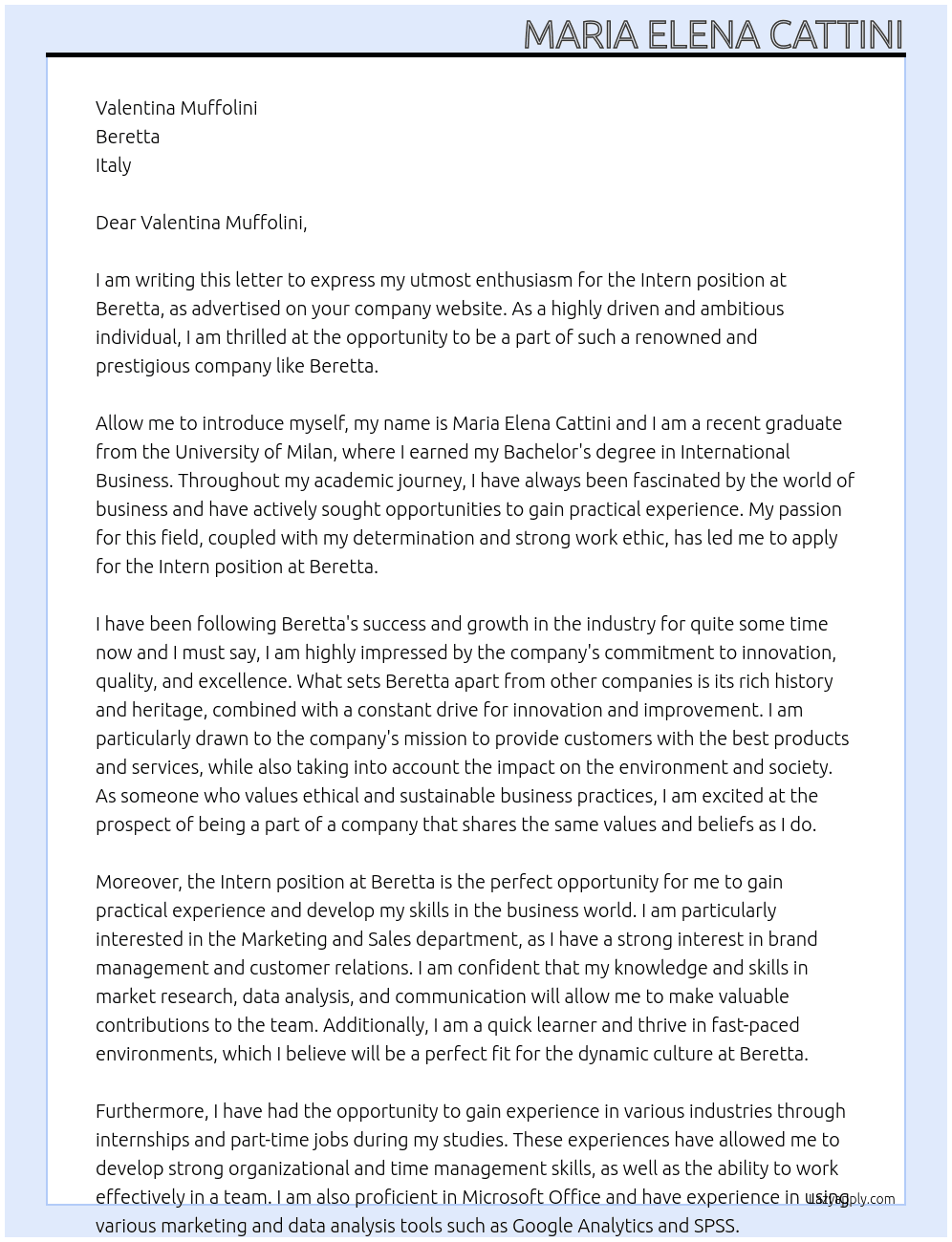Intern At Beretta Cover Letter