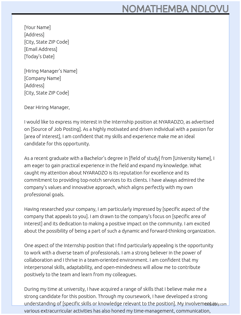 Internship  At NYARADZO  Cover Letter