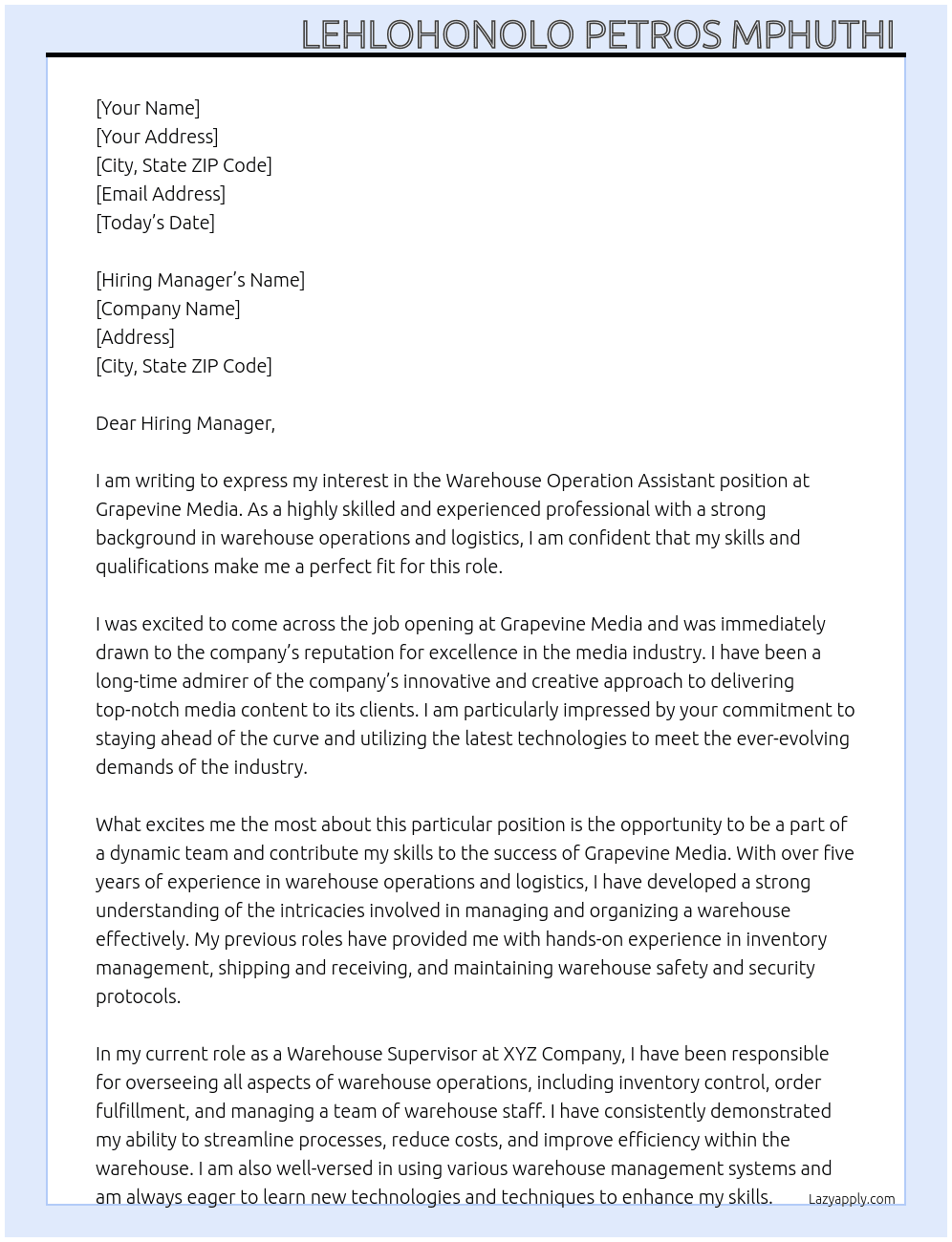 Warehouse Operation assistance  At Grapevine Media Cover Letter