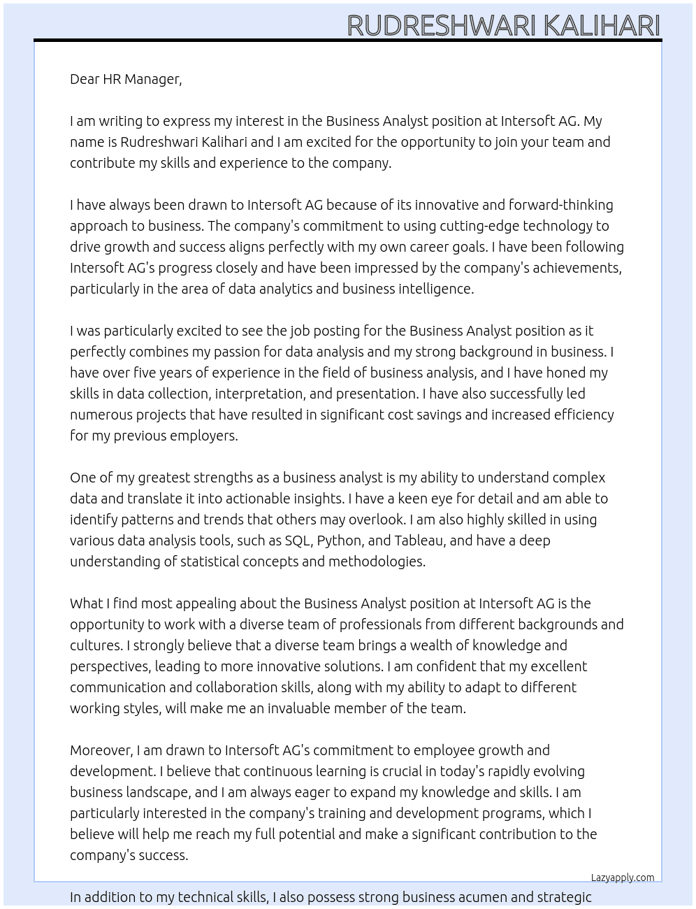 Business Analyst At intersoft AG Cover Letter