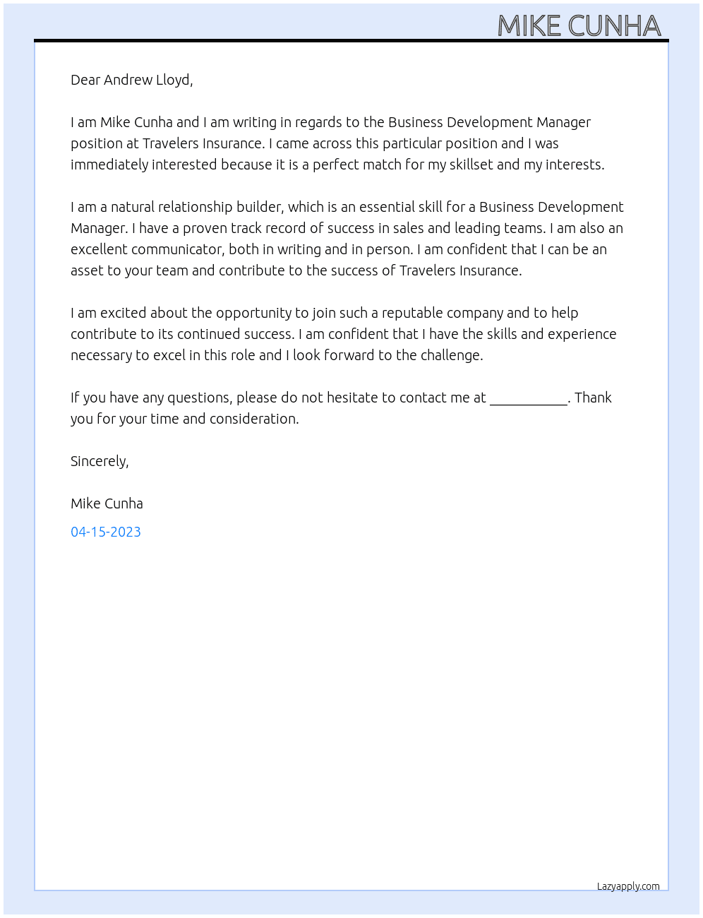Business Development Manager  At Travelers Insurance Cover Letter