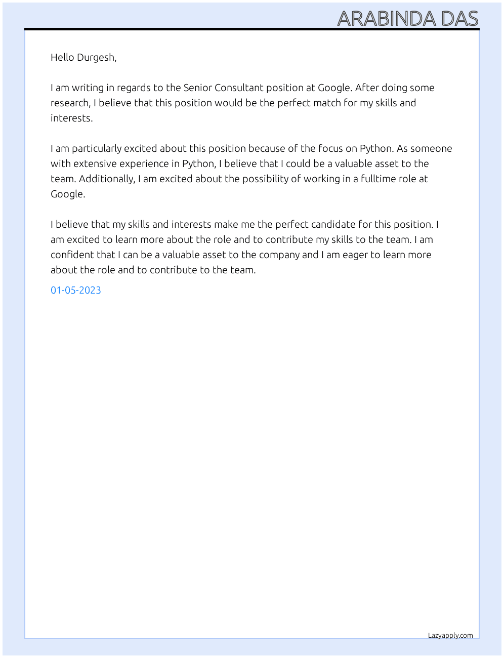 Senior Consultant At Google Cover Letter