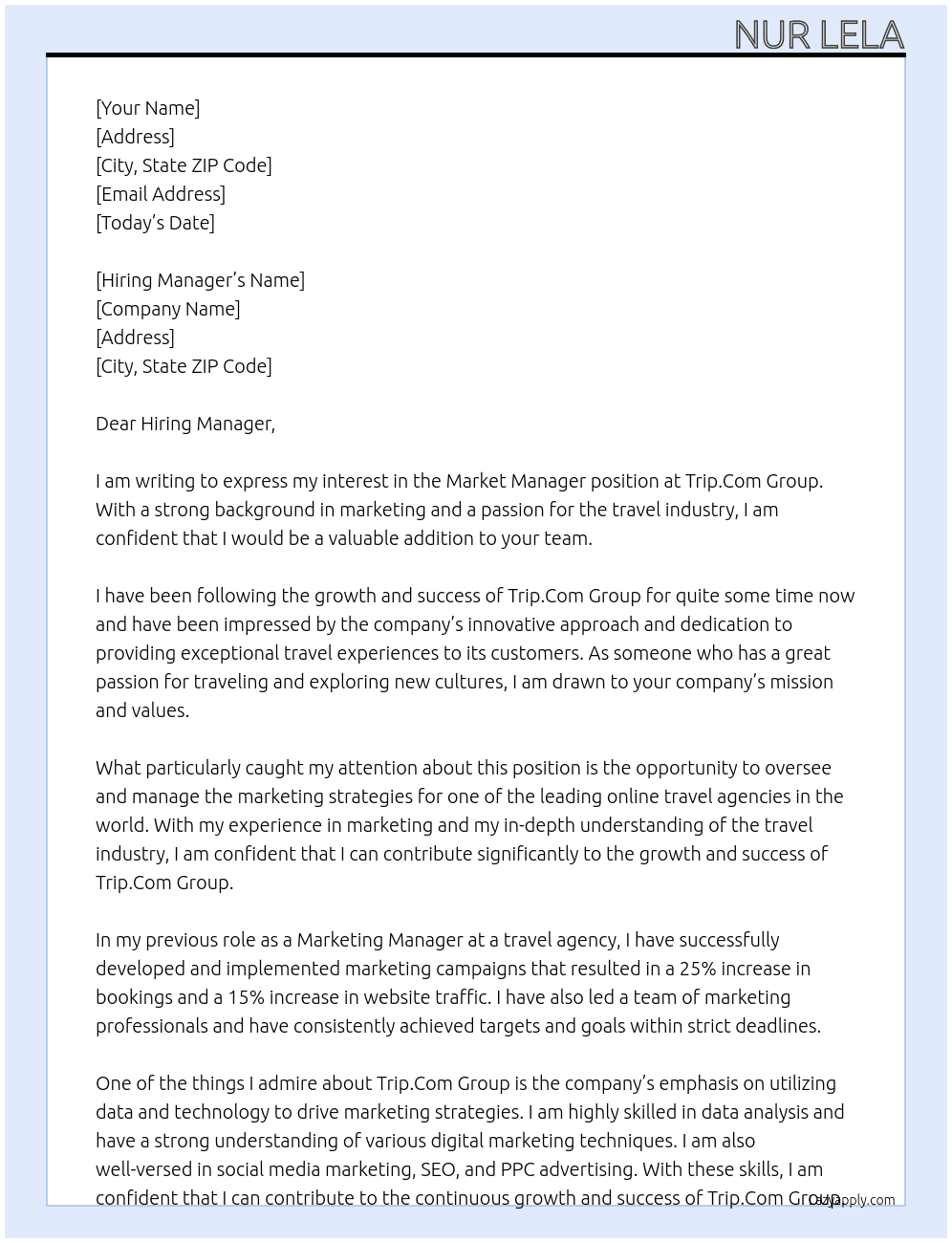 Market Manager At Trip.Com Group Cover Letter