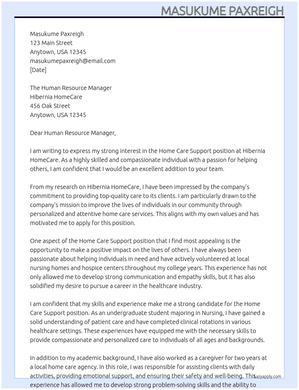 Home Care Support At Hibernia HomeCare Cover Letter
