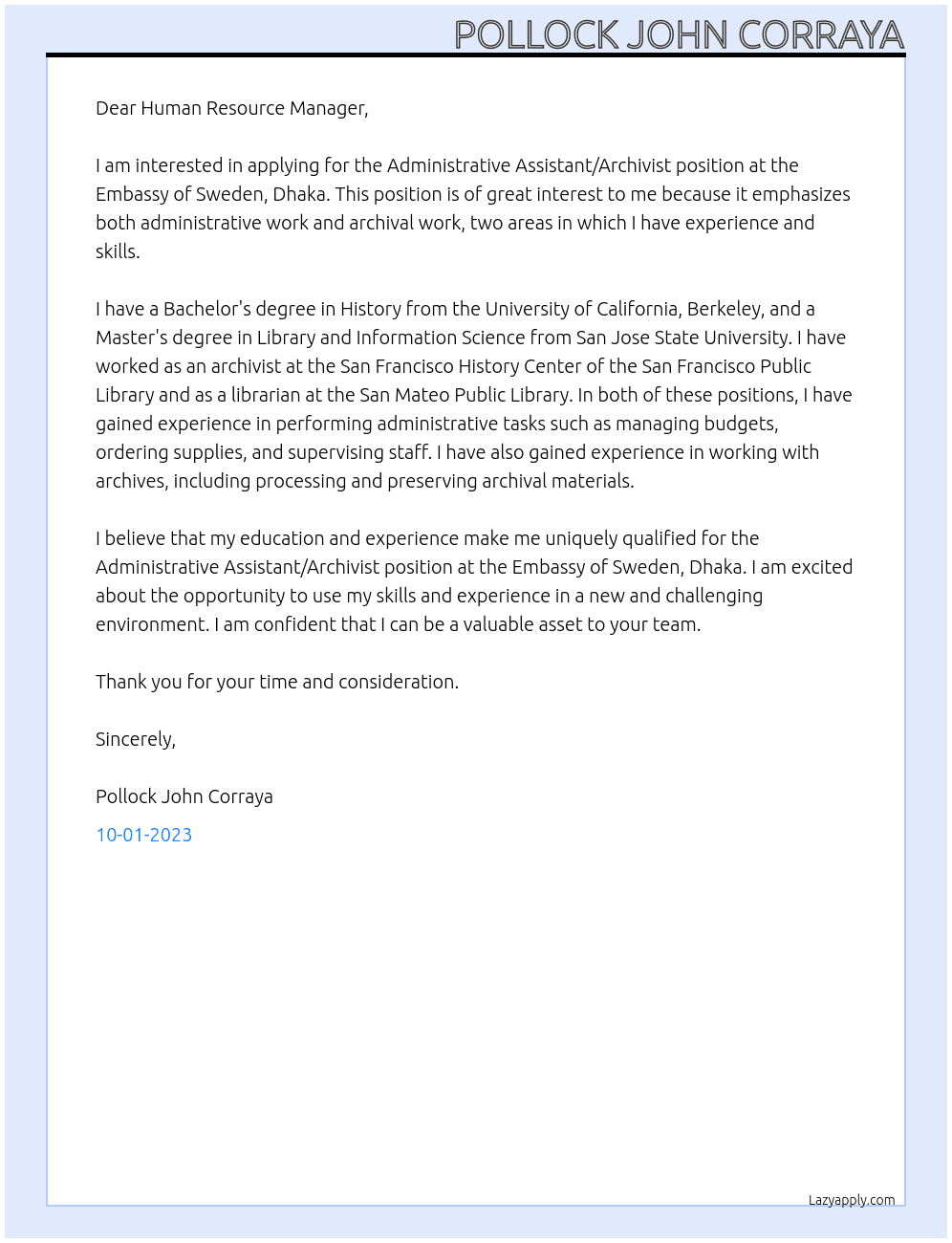 Administrative Assistant/Archivist At Embassy of Sweden, Dhaka Cover Letter