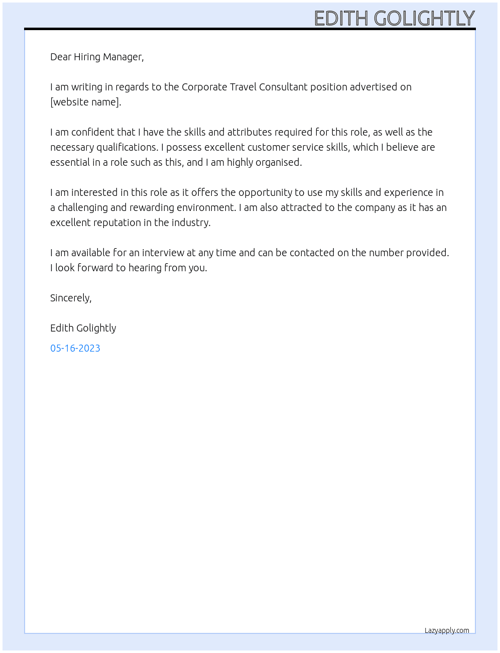 Corporate Travel Consultant At Corporate Travel Management Cover Letter