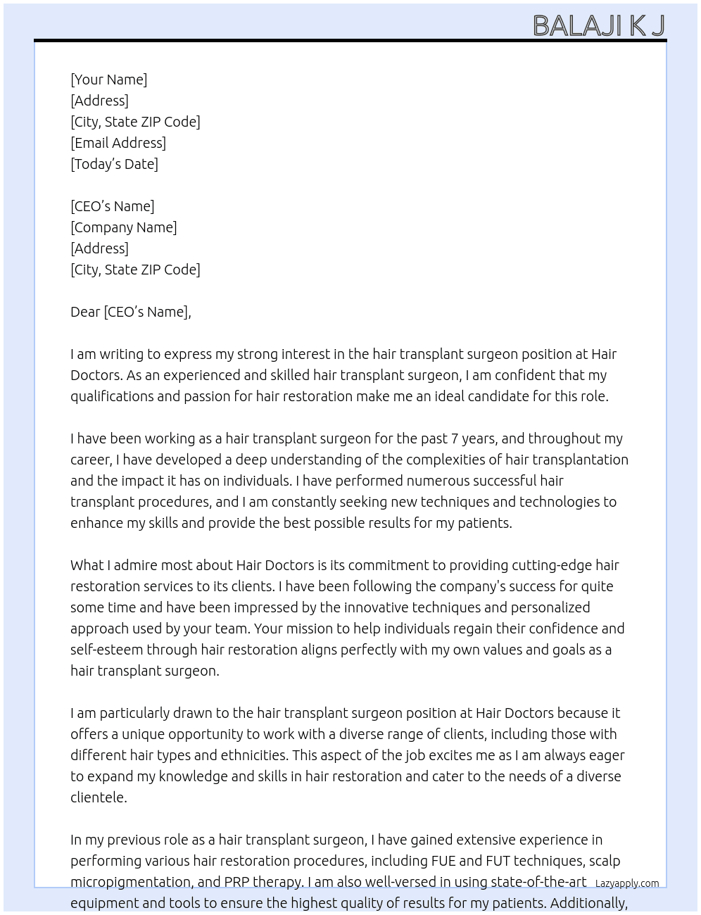 hair transplant surgeon At Hair Doctors Cover Letter