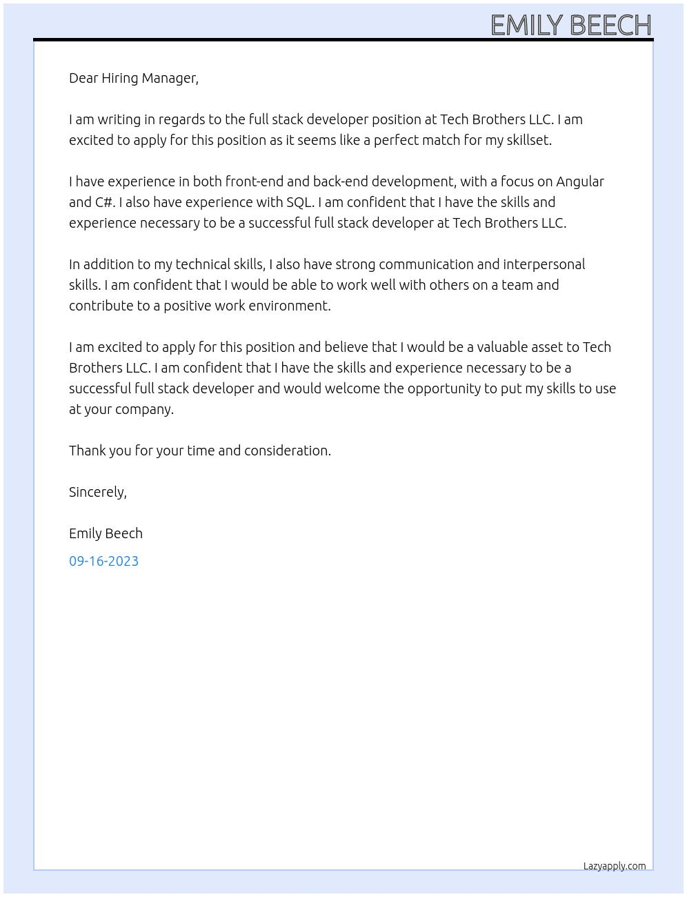 full stack developer At Tech Brothers LLC Cover Letter