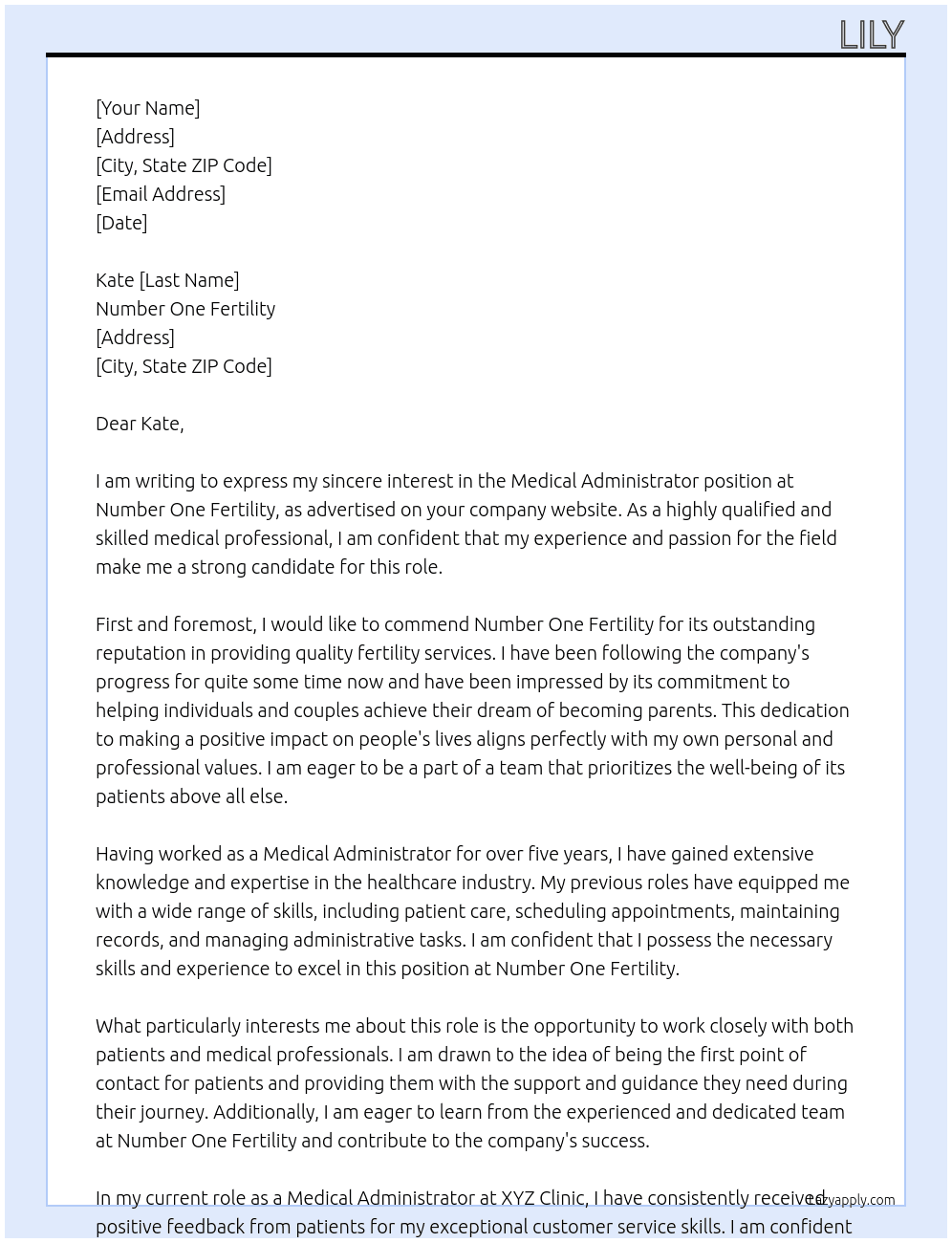 Medical administrator At Number One Fertility  Cover Letter