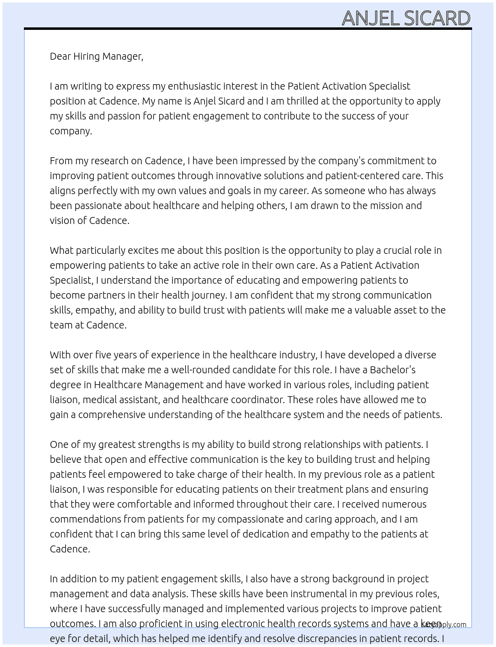 Patient Activation Specialist  At Cadence Cover Letter