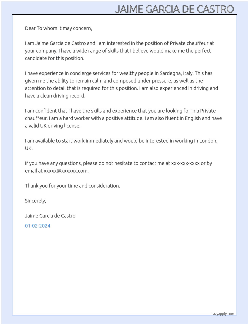 Private chauffeur  At Driving company  Cover Letter