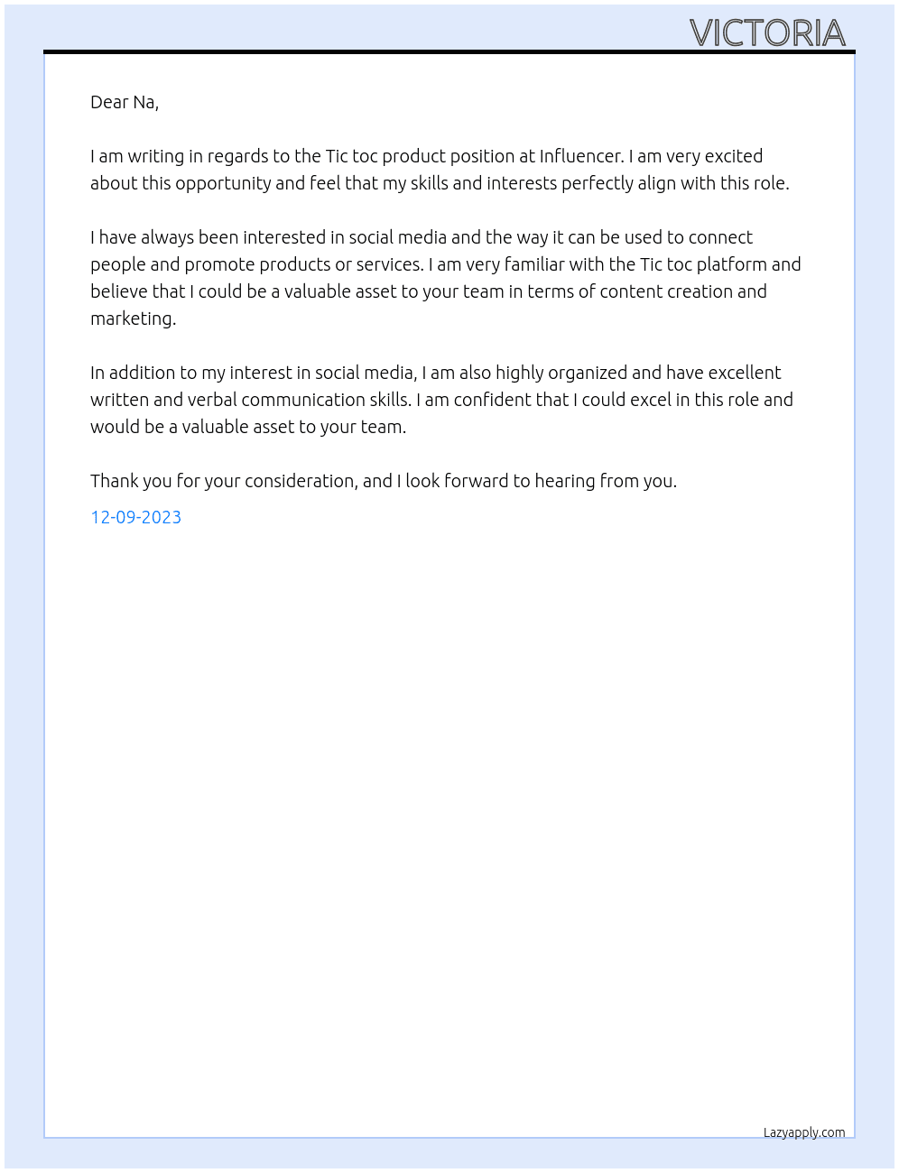 Tic toc product At Influencer  Cover Letter