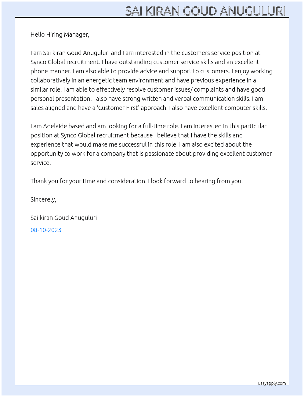 customers service  At Synco Global recruitment  Cover Letter