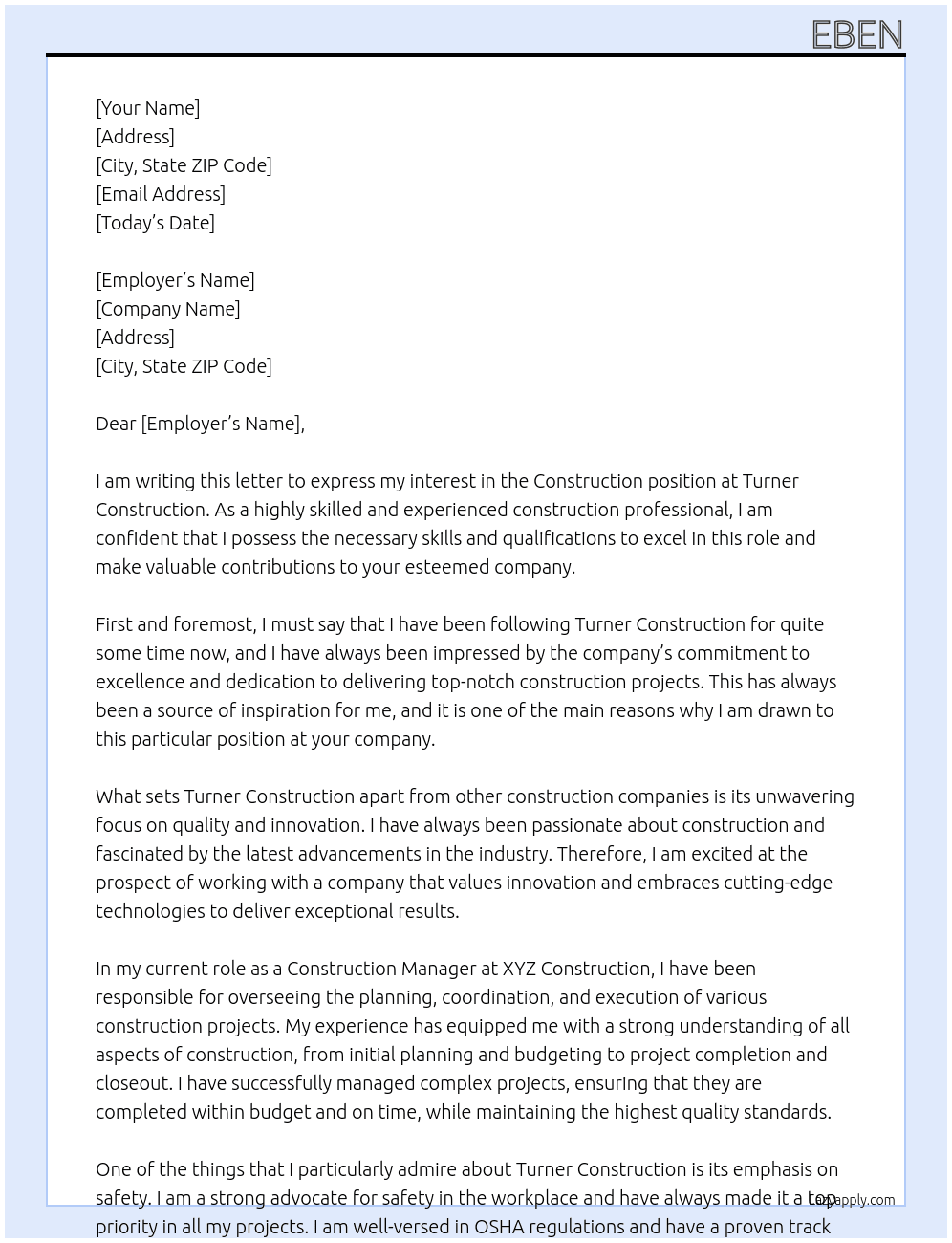 Construction At Turner Construction Cover Letter