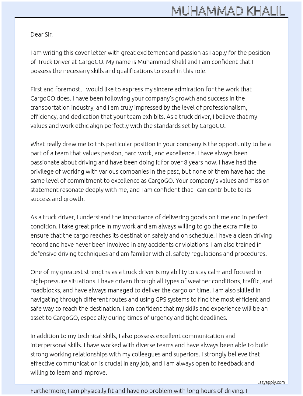 Truck driver At CargoGO Cover Letter