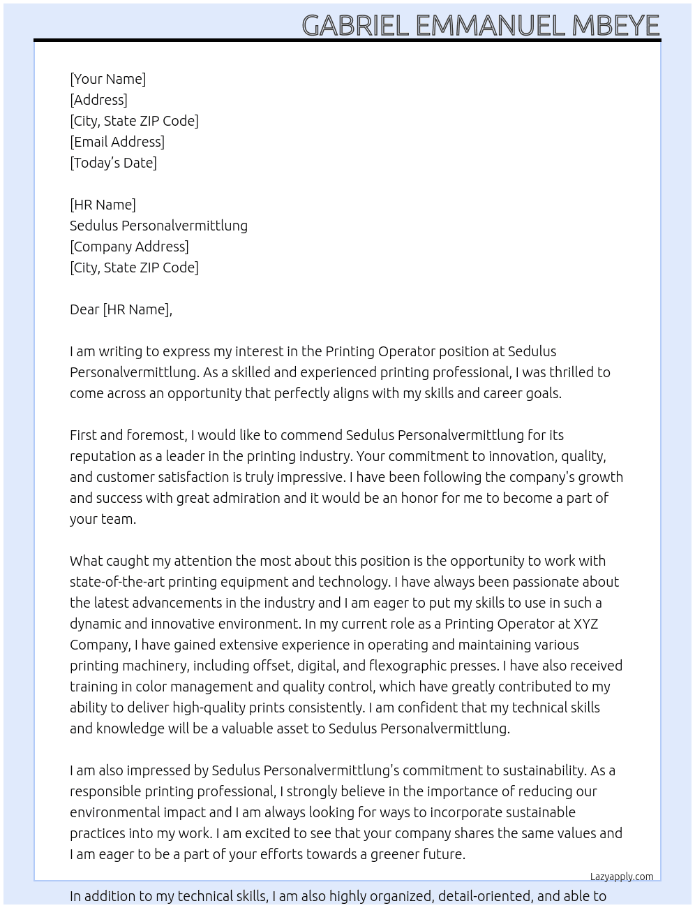 Printing Operator At Sedulus Personalvermittlung Cover Letter