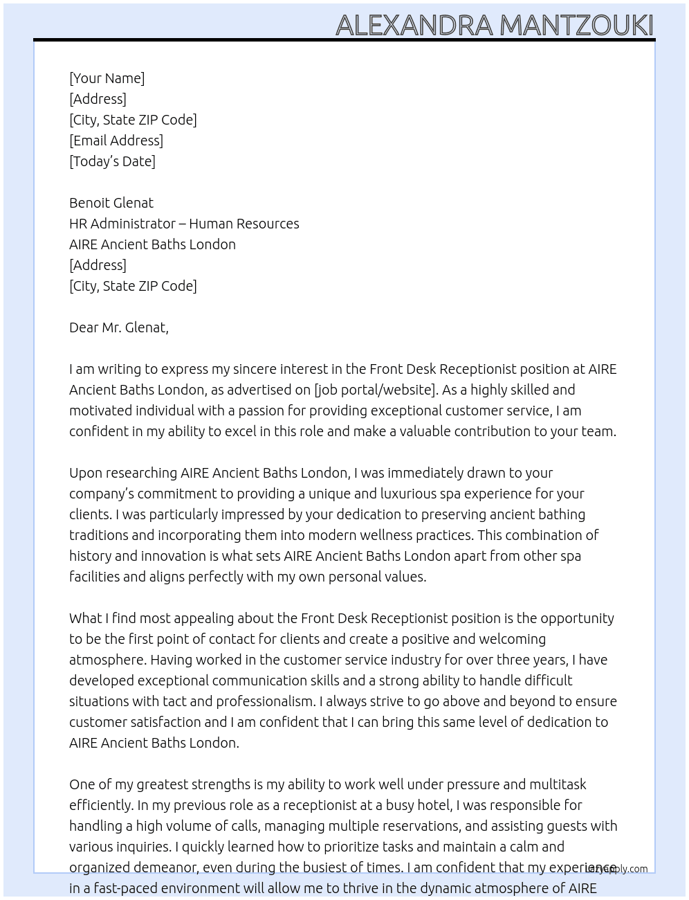 Front Desk Receptionist  At AIRE Ancient Baths London  Cover Letter