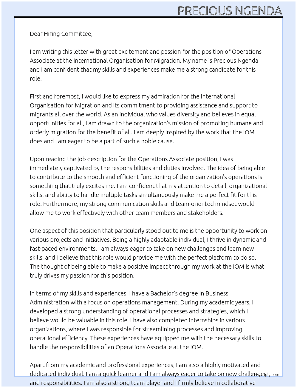 operations associate At International Organisation for Migration Cover Letter