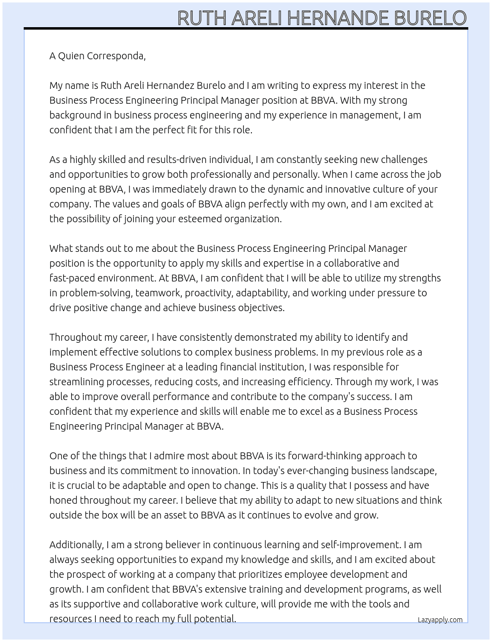 Business Process Engineering Principal Manager At BBVA Cover Letter