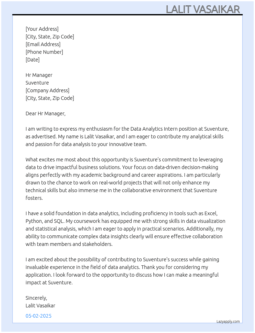 Data Analytics Intern At suventure Cover Letter
